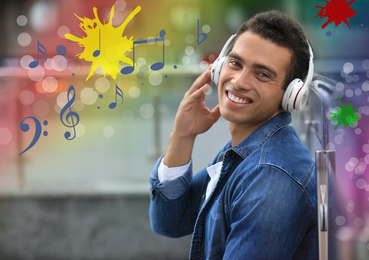 Young African-American man listening to music outdoors. Bright notes illustration