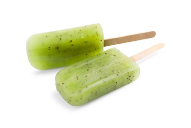 Tasty kiwi ice pops isolated on white. Fruit popsicle