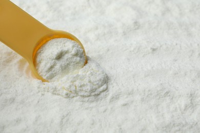 Powdered infant formula and scoop, closeup with space for text. Baby milk