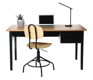 Stylish workplace with wooden desk and comfortable chair on white background