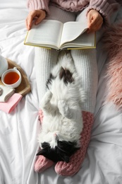 Woman with adorable cat reading book on bed, view from above