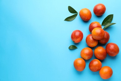 Many ripe sicilian oranges and leaves on light blue background, flat lay. Space for text