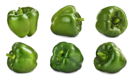 Image of Set of ripe green bell peppers on white background