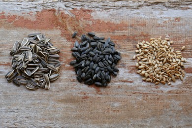 Flat lay composition with piles of different sunflower seeds on wooden table