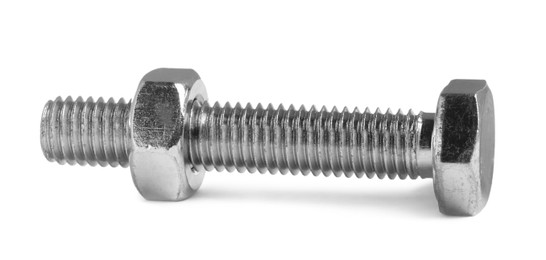 Metal bolt with hex nut isolated on white