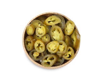 Photo of Slices of pickled green jalapenos in wooden bowl isolated on white, top view