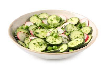 Appetizing salad with cucumbers, radish and pea in bowl isolated on white