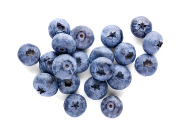 Pile of tasty fresh ripe blueberries on white background, top view