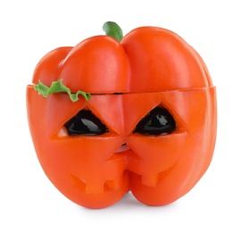Bell pepper with black olives and lettuce as Halloween monster isolated on white