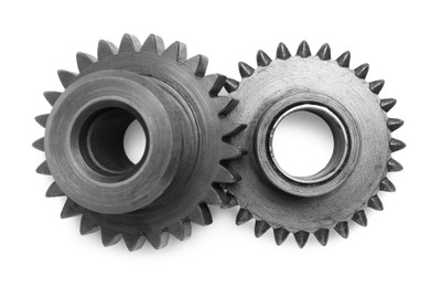Photo of Stainless steel gears isolated on white, top view