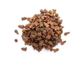 Photo of Pile of dry pet food on white background, top view