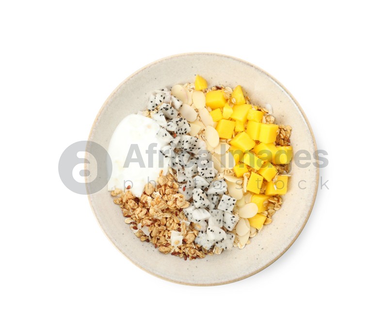 Bowl of granola with pitahaya, mango and yogurt isolated on white, top view