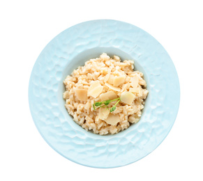 Delicious risotto with cheese isolated on white, top view