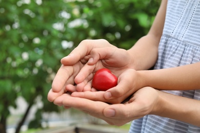 Family holding small red heart in hands together outdoors, closeup