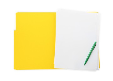 Yellow file with blank sheets of paper and green pen isolated on white, top view. Space for design