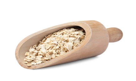 Raw oatmeal in wooden scoop on white background