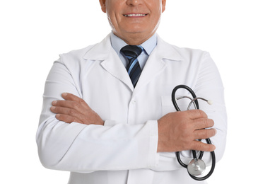 Senior doctor with stethoscope on white background, closeup