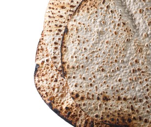 Tasty matzos on white background, top view. Passover (Pesach) celebration