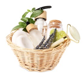 Photo of Spa gift set with different personal care products isolated on white