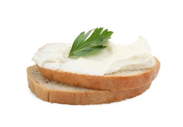 Photo of Bread with cream cheese and parsley on white background