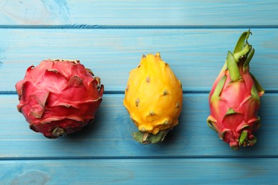 Photo of Different pitahaya fruits on light blue wooden table, flat lay