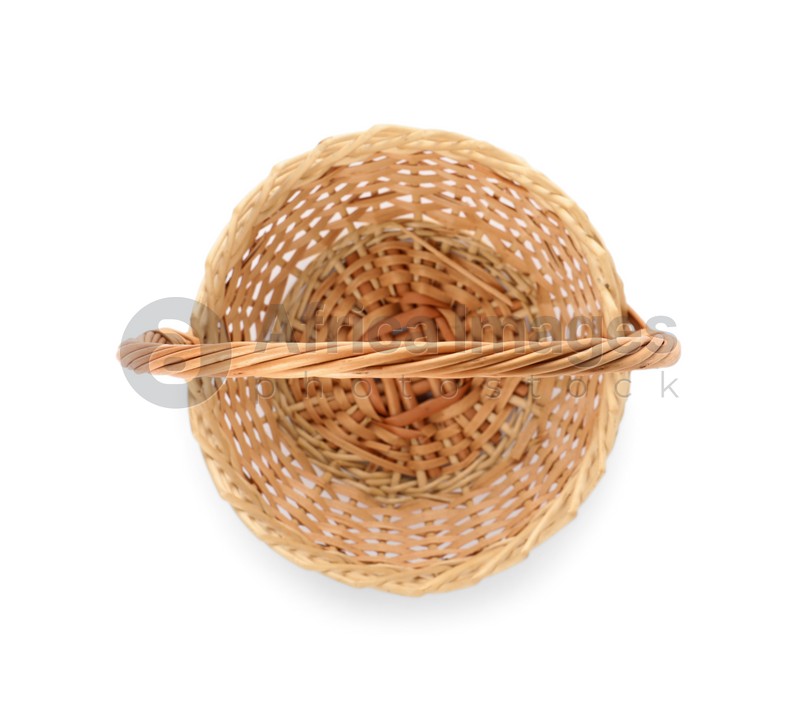 Wicker basket with handle isolated on white, top view