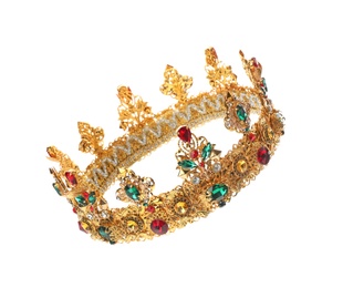 Beautiful golden crown on white background. Fantasy item
