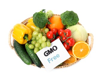 Tasty fresh GMO free products and paper card on white background, top view