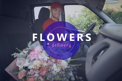 Image of Delivery man with beautiful flower bouquet in car
