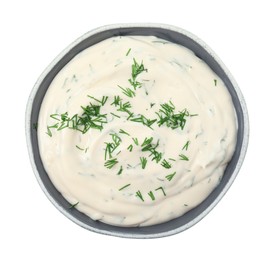 Tasty creamy dill sauce in bowl isolated on white, top view