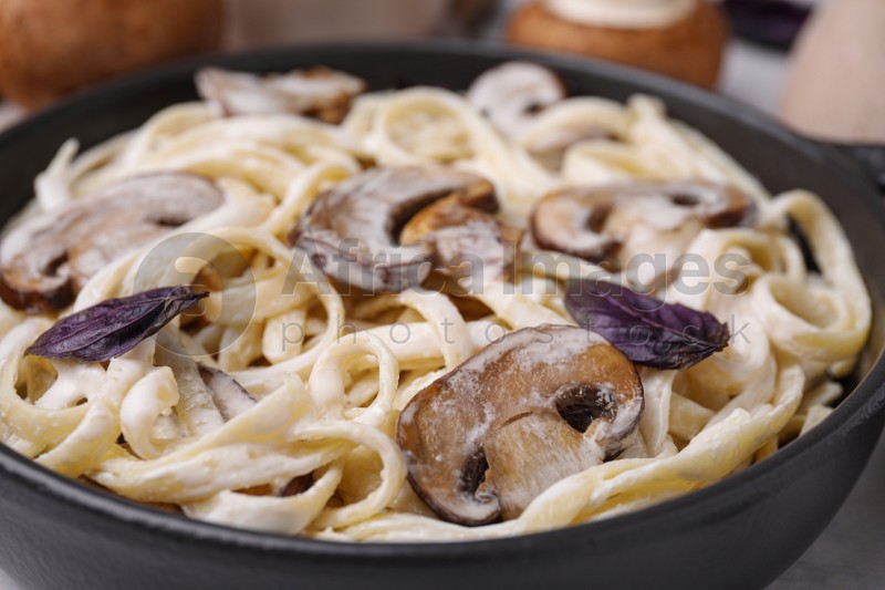 Delicious pasta with mushrooms in pan, closeup