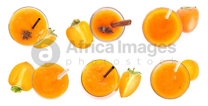 Set with tasty persimmon smoothies on white background, top view