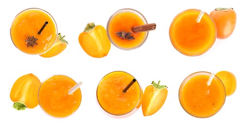 Set with tasty persimmon smoothies on white background, top view