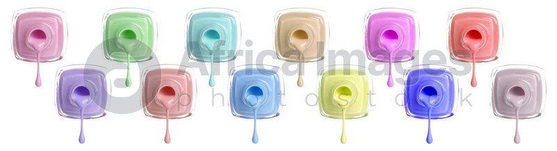 Set of different nail polishes dripping on white background. Banner design