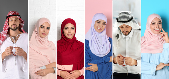 Image of Collage with photos of Muslim people on different color backgrounds. Banner design 