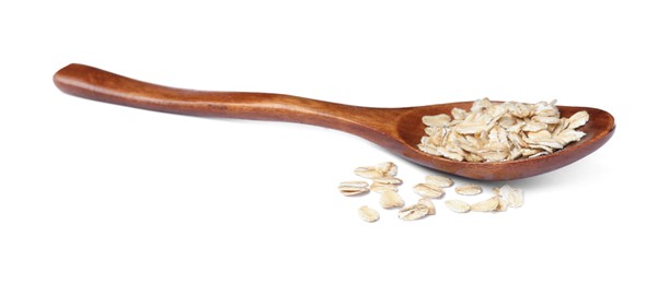 Raw oatmeal and wooden spoon on white background
