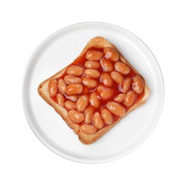 Delicious bread slice with baked beans isolated on white, top view