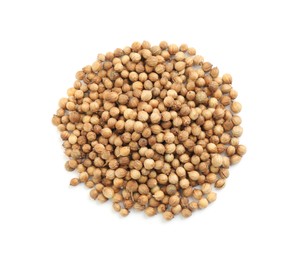 Photo of Heap of dried coriander seeds on white background, top view