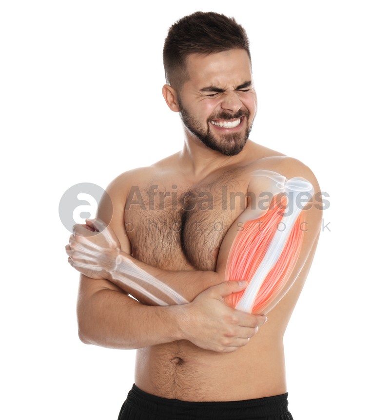 Man having elbow pain on white background. Digital compositing with illustration of arm bones