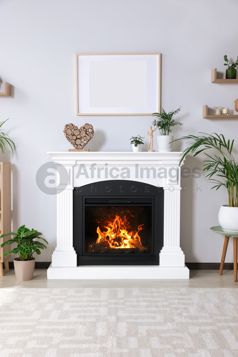 Photo of Stylish living room interior with fireplace, houseplants and cabinet