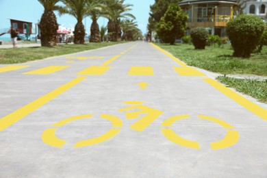 Bike lane with painted yellow bicycle sign and arrow near pedestrian crossing, closeup