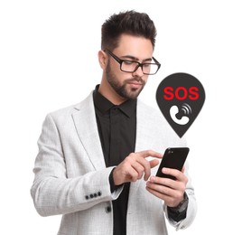 Man with smartphone and virtual icon SOS on white background