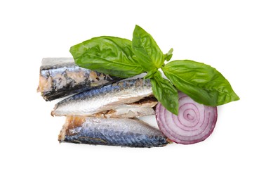 Canned mackerel fillets with red onion rings and basil on white background, top view