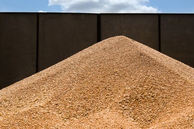 Pile of wheat grains near fence outdoors