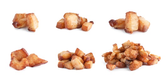Image of Set with tasty fried cracklings on white background. Cooked pork lard