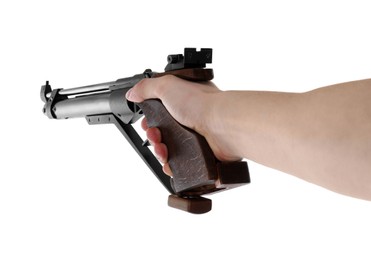 Photo of Gun shooting sport. Man aiming standard pistol on white background, closeup