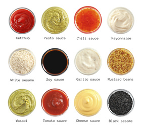 Set of different delicious sauces and condiments with names on white background, top view
