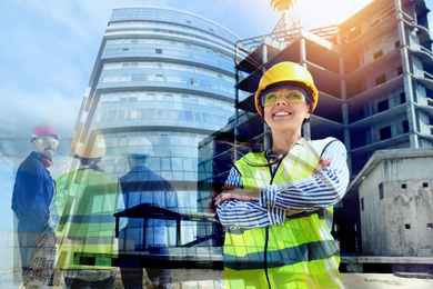 Multiple exposure of female industrial engineer in uniform, workers and construction 