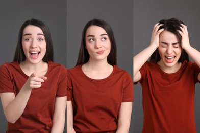 Young woman expressing different emotions on grey background, collage. Personality concept