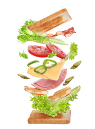 Delicious sandwich with toasted bread on white background